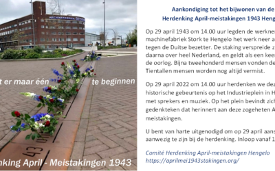 Aankondiging tot het bijwonen van de Herdenking April-meistakingen 1943 Hengelo